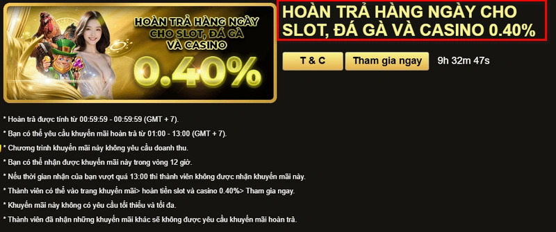 Hoàn trả nổ hũ hàng ngày 0,40%